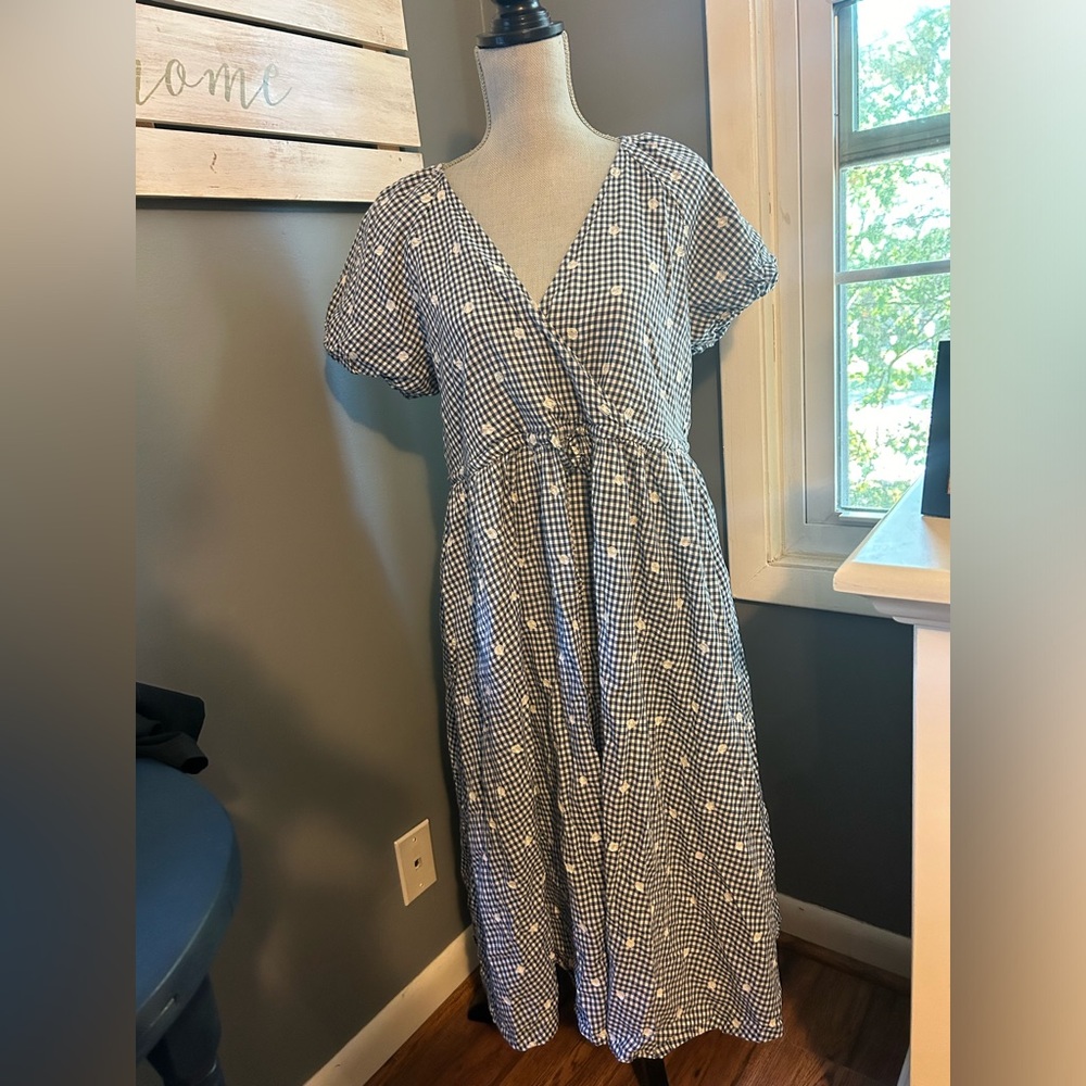 Embroidered Gingham Faux-Wrap Tie-Waist Midi Dress
